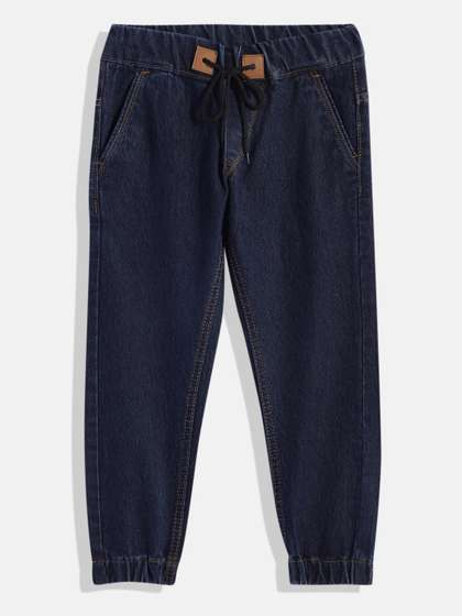 Urbano Juniors Boys
                      Navy Blue Solid Slim Fit Denim Joggers