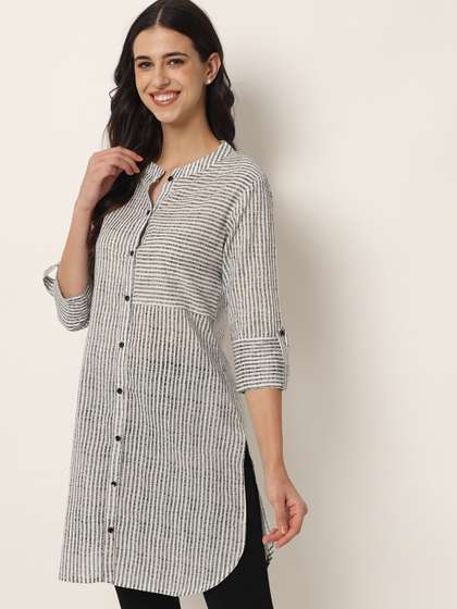 FABRIC FITOOR Off White Striped Pure Cotton Panelled Kurti