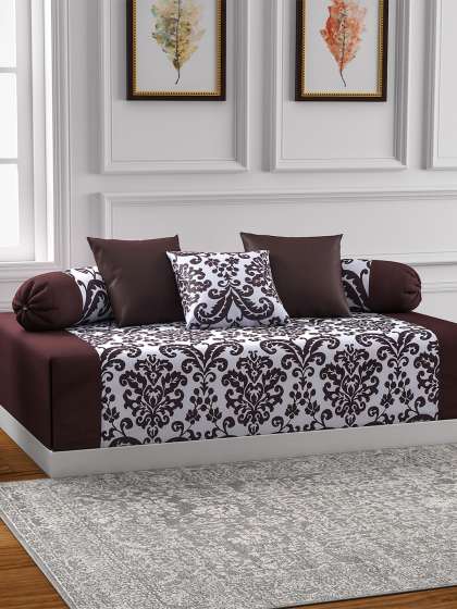 SWAYAM Brown & Off-White Printed Diwan Set with Bolster & Cushion Covers