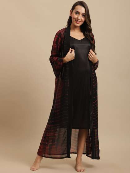 Claura Women Black
                        & Maroon Solid Satin Nightdress With Printed
                        Robe