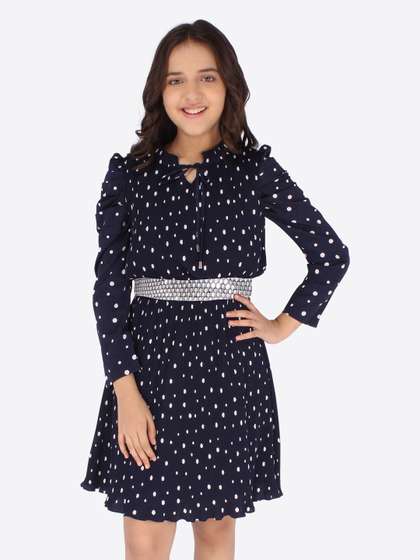 CUTECUMBER Navy Blue
                      Polka Dots Printed Tie-Up Neck Georgette Dress