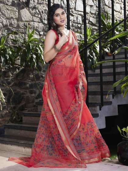 KALINI Pink & Green Checked Zari Organza Saree