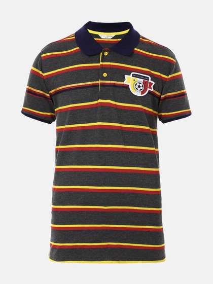 Peter England Boys Grey Striped Polo Collar Applique T-shirt