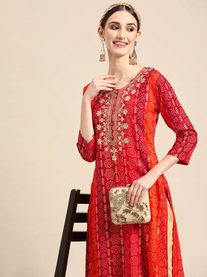 Sangria Women Red
                          Bandhani Embroidered Thread Work Kurta