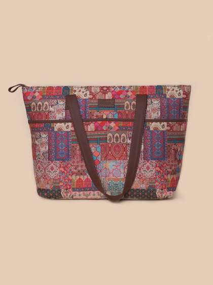 ZOUK Brown & Red Printed Structured Tote Bag