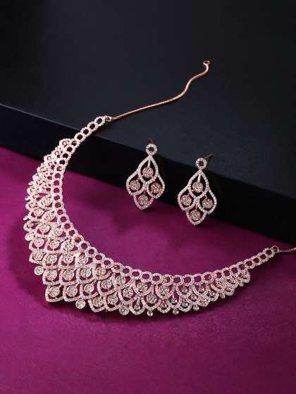 Yellow Chimes Rose Gold-Plated American Diamond Studded Jewellery Set