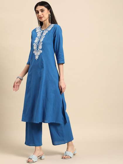 Anouk Women Chikankari Pure Cotton A-Line Kurta with Palazzos