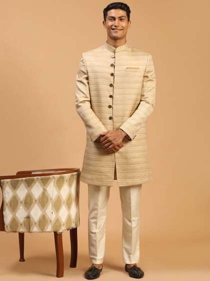 VASTRAMAY Men
                          Beige & Cream-colored Textured Sherwani
                          Set