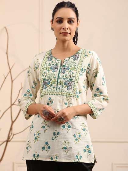Rain & Rainbow Cream-Coloured & Green Floral Printed Pure Cotton Kurti