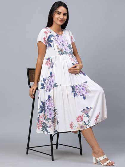 AV2 Off White
                          & Lavender Floral Printed Maternity Midi
                          Dress