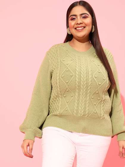 CURVY STREET Plus
                        Size Women Green Cable Knit Acrylic Pullover