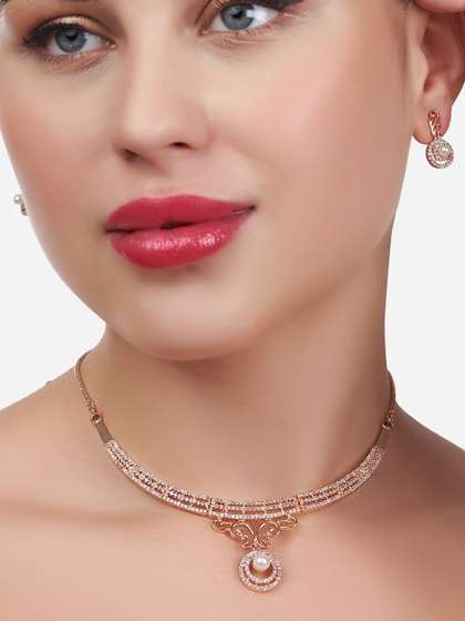 Zaveri Pearls Rose
                          Gold-Plated Cubic Zirconia Stone Studded
                          Jewellery Set