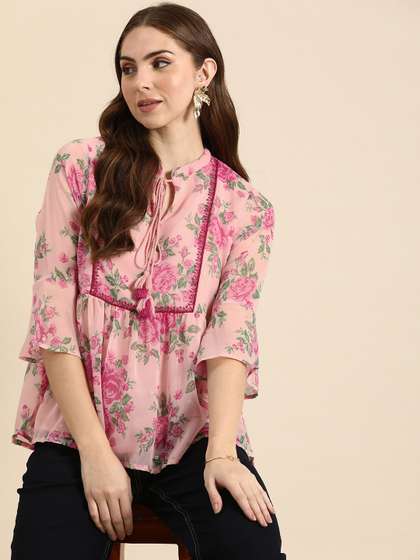 all about you X fwd A-Line Floral Printed Tie-Up Neck Short Kurti