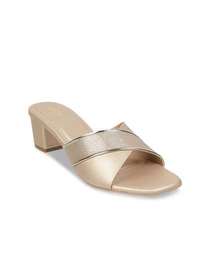 Mochi Embellished
                        Open-Toe Gold Toned Comfort Block Heels