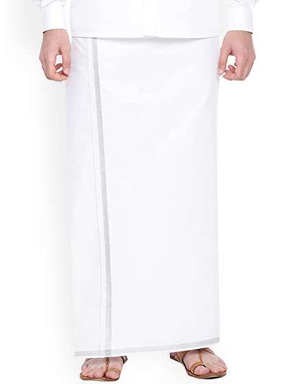 Ramraj Men Solid
                        Silver Jari Border Single Layer Cotton Dhoti