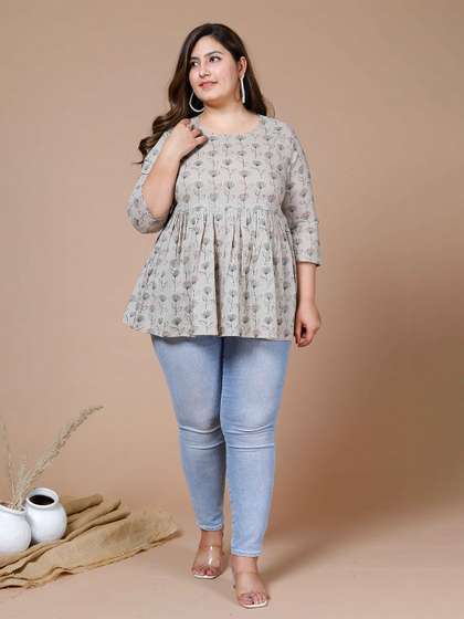 MIRAVAN Plus Size Floral Printed Pure Cotton Pleated Kurti