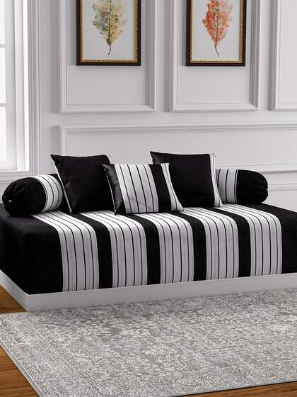 SWAYAM Black & Off-White Striped Diwan Set with Bolster & Cushion Covers
