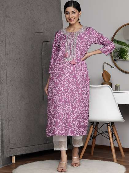 Varanga Women Purple Bandhani Gota & Mirror Work Embroidered Tie-Up Neck Cotton Kurta