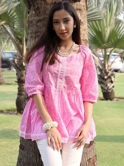 Gerua By Libas Women Bandhani Printed Square Neck Puff Sleeves Pure Cotton Empire Kurti