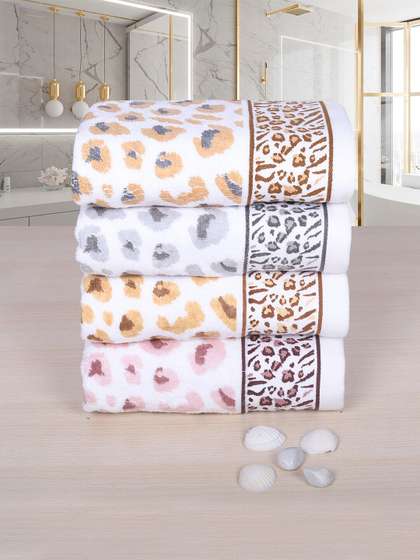 RANGOLI Grey & Pink Set Of 4 Leopard Printed Pure Cotton 500 GSM Hand Towels