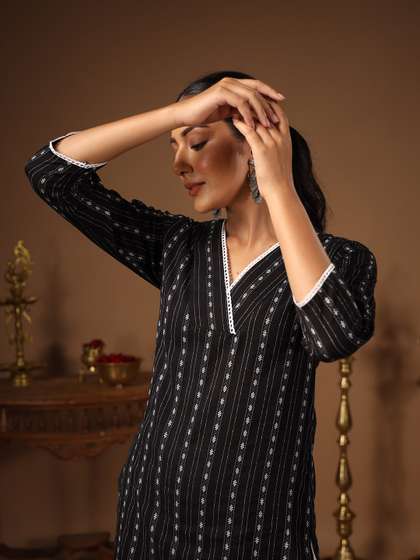 anayna Women Woven Design Striped Straight Kurta