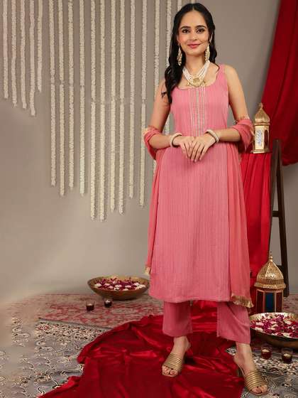 Varanga Yoke Design Gotta Patti Silk Crepe Textured Kurta With Trousers & With Dupatta