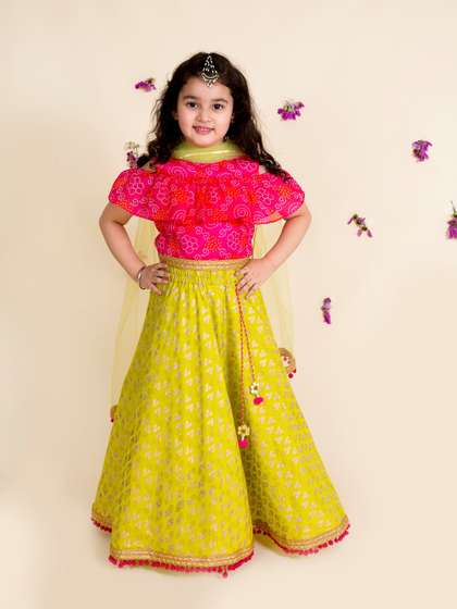 Pspeaches Girls Green
                    And Pink Foil Bandhani Lehenga Blouse Dupatta Set