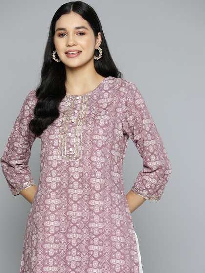 HERE&NOW Women Geometric Printed Gotta Patti Pastels Kurta
