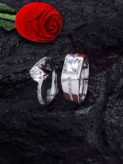 KARATCART
                      Silver-Plated AD Studded Adjustable Couple Finger
                      Rings With Red Rose Box