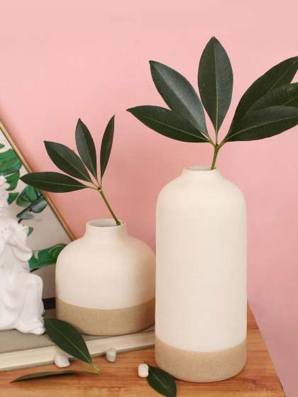 TIED RIBBONS Off White & Brown 2 Pcs Colourblocked Ceramic Flower Vase