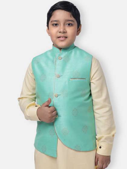 NAMASKAR Boys Printed Pure Silk Woven Nehru Jacket