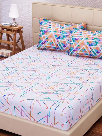 SEJ by Nisha Gupta White & Blue Cotton 180 TC Double King Bedsheet with 2 Pillow Covers