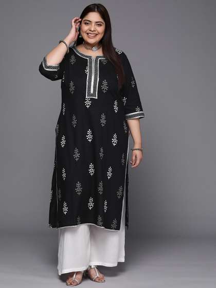 EXTRA LOVE BY LIBAS Plus Size Floral Foil Printed Gotta Patti Pure Cotton Kurta