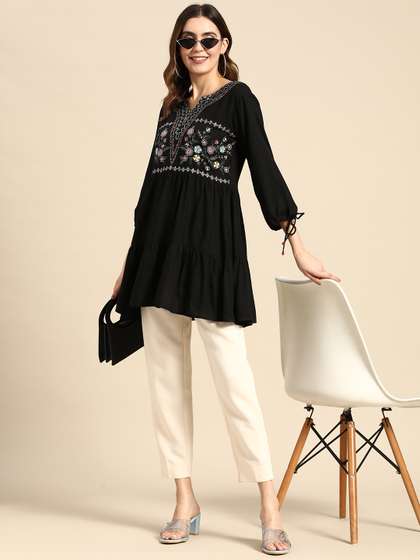 Sangria Floral
                        Embroidered Puff Sleeves Longline Top