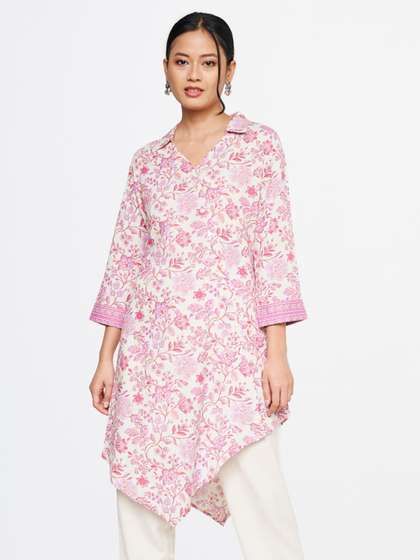 Global Desi Shirt Collar Floral Printed Tunic