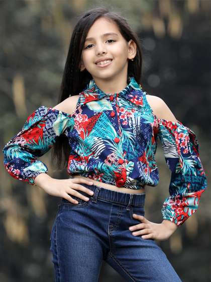 Cutiekins Girls Floral
                    Printed Cold-Shoulder Sleeves Shirt Collar Crop Top