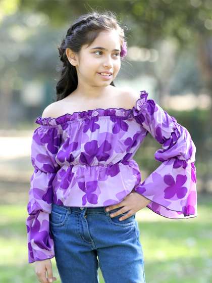 Cutiekins Girls Floral
                    Printed Off Shoulder Long Sleeves Top