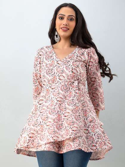 FERANOID Printed V-Neck Pure Cotton Angrakha Kurti