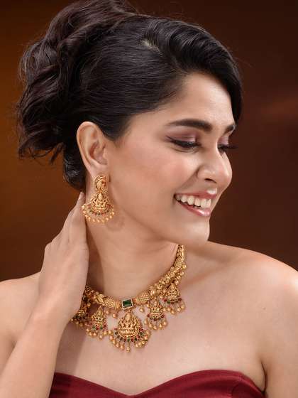 Saraf RS Jewellery
                        Gold-Plated CZ-Studded & Beaded Temple
                        Necklace and Earrings