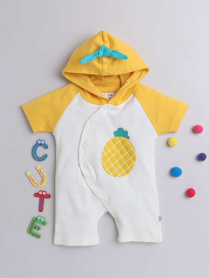 BUMZEE Infant Boys Printed Hooded Cotton Rompers