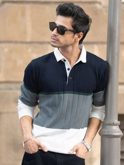 Powerlook
                        Colourblocked Shirt Collar Ribbed Sweatshirt