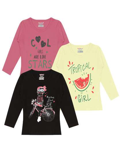 Kiddeo Girls Pack Of 3
                    Typography Printed Cotton T-Shirt