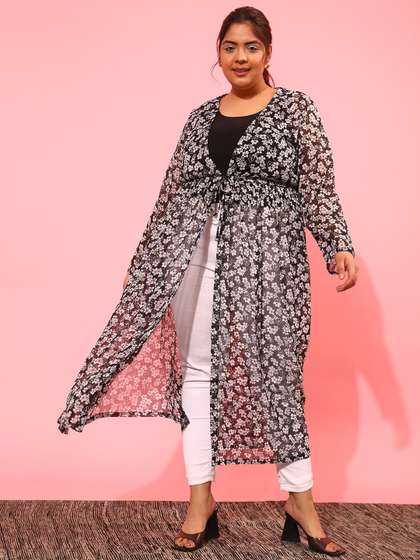 CURVY STREET Women
                        Plus Size Printed Longline Tie-Up Shrug