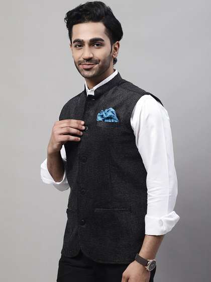 even Men Woven Nehru Jacket With Welt Pockets