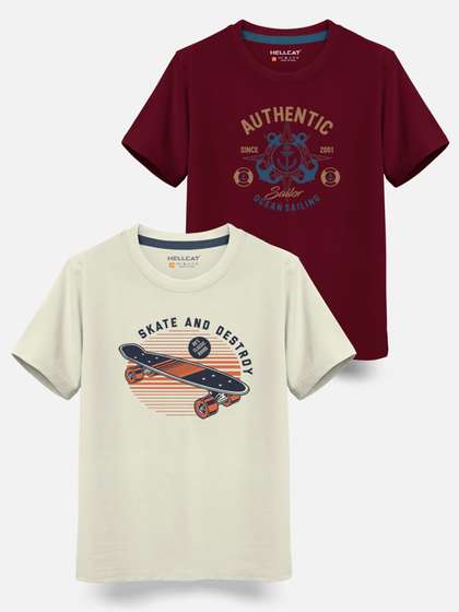 HELLCAT Boys Pack Of 2 Graphic Printed Cotton T-shirt