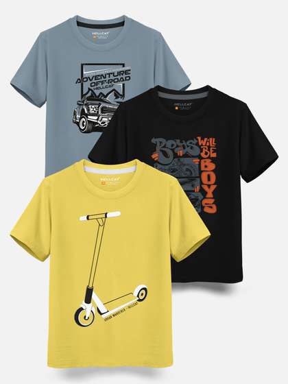 HELLCAT Boys Pack Of 3 Printed Cotton T-shirt