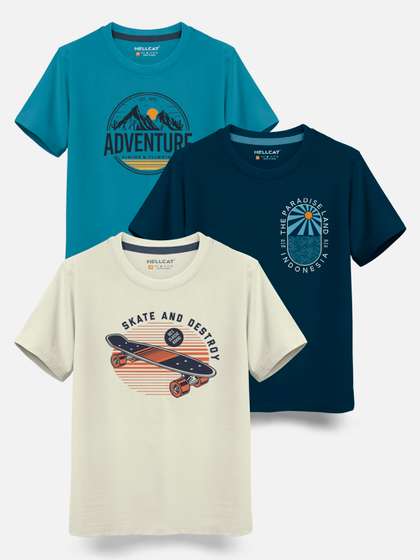 HELLCAT Boys Pack Of 3 Printed Cotton T-shirt
