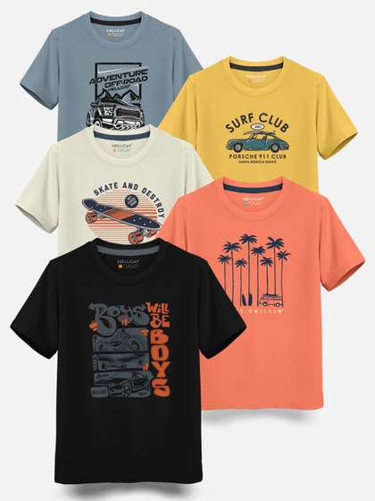 HELLCAT Boys Pack Of 5
                      Typography Printed Cotton T-shirt