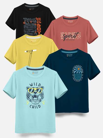 HELLCAT Boys Pack Of 5
                      Round Neck Graphic Printed Cotton T-shirt