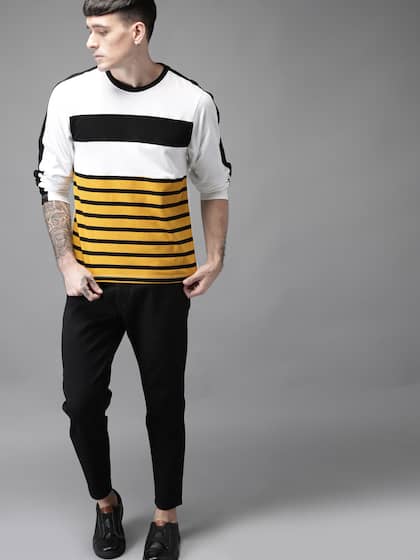 Moda Rapido Men White & Black Striped Round Neck T-shirt